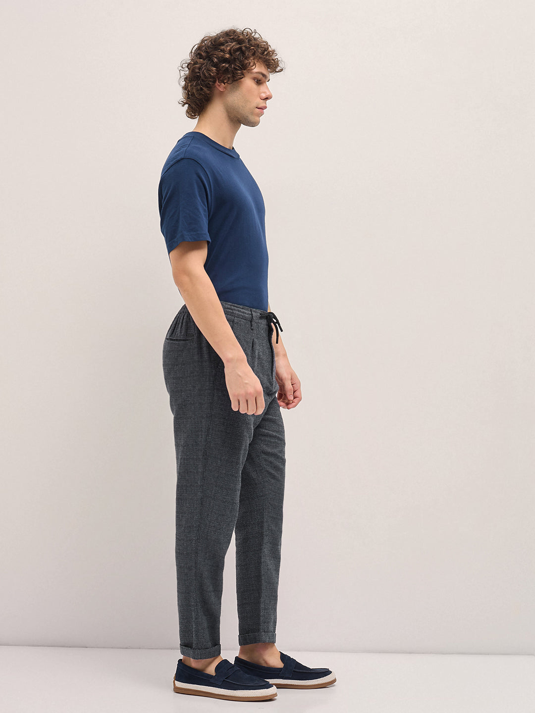 Men Grey Self Design Tapered Fit Elasticated Waist Casual Trouser