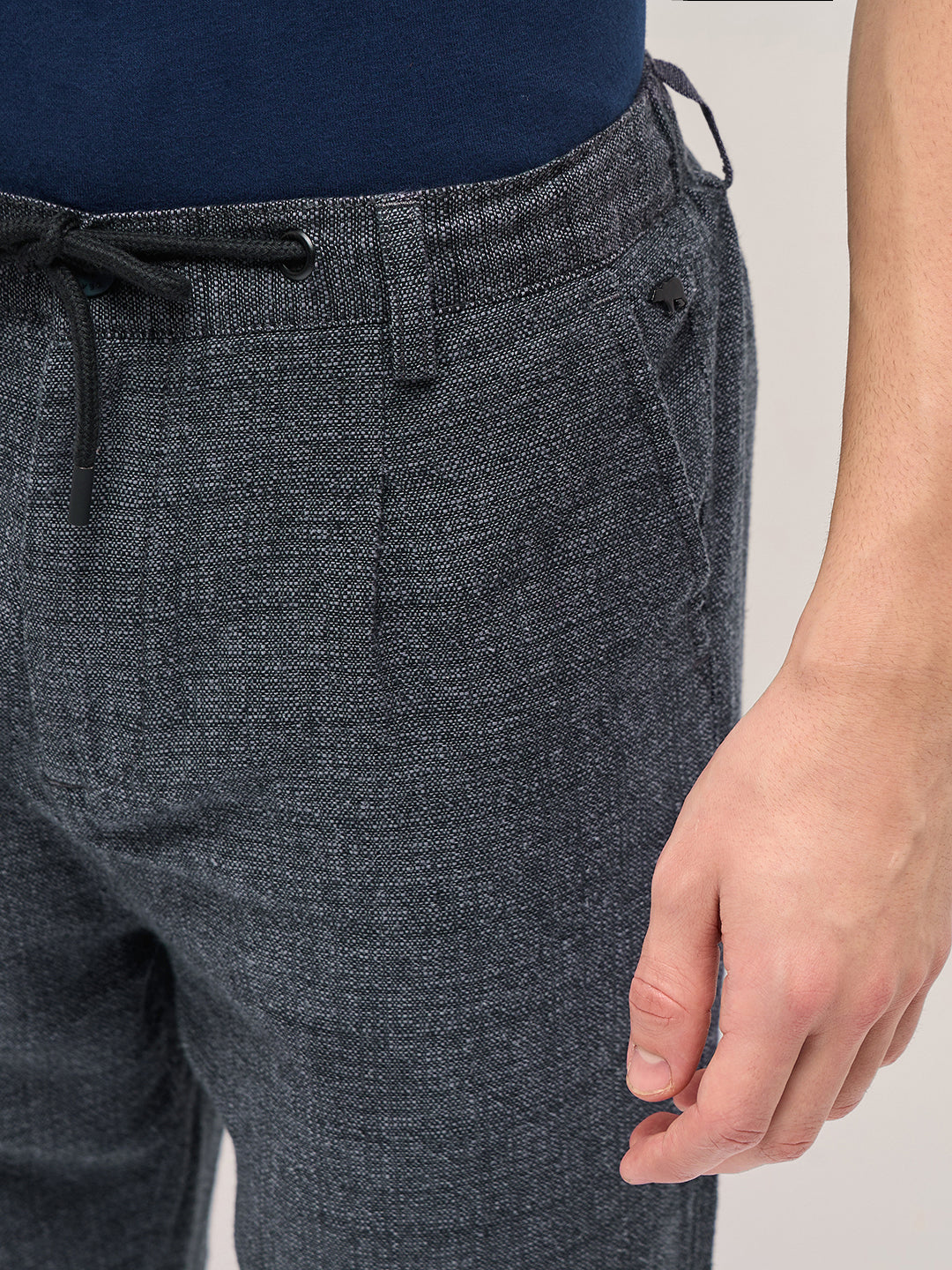 Men Grey Self Design Tapered Fit Elasticated Waist Casual Trouser