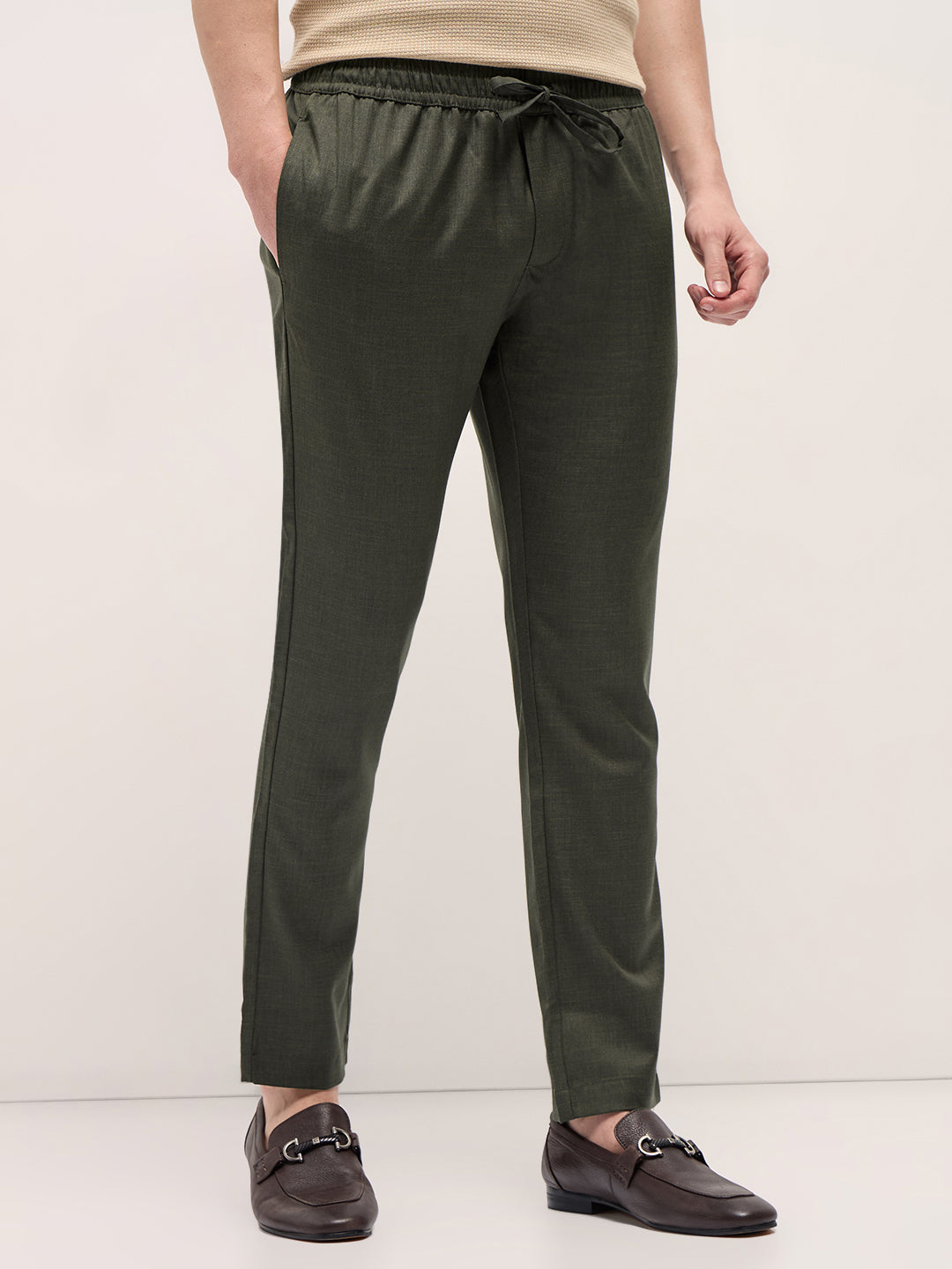Men Olive Green Slim Fit Formal Trouser