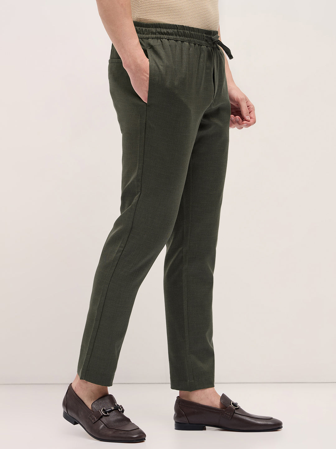 Men Olive Green Slim Fit Formal Trouser