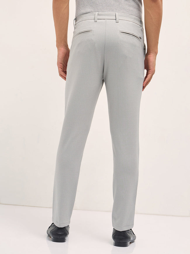 Men Grey Textured Polyester Blend Slim Fit Formal Trousers