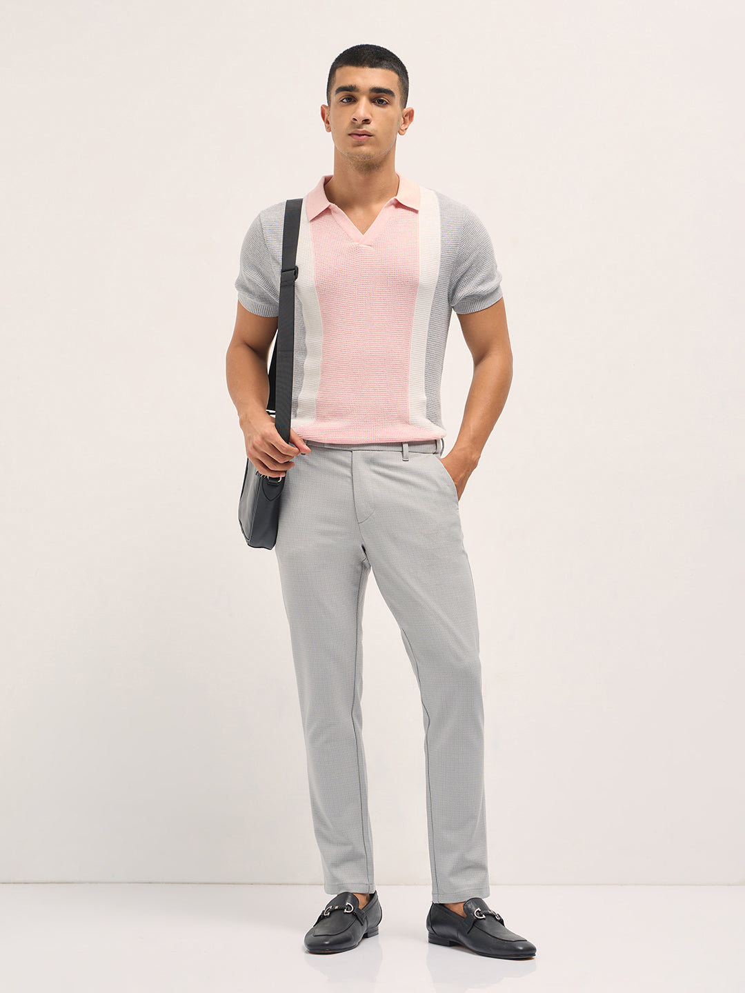 Men Grey Textured Polyester Blend Slim Fit Formal Trousers