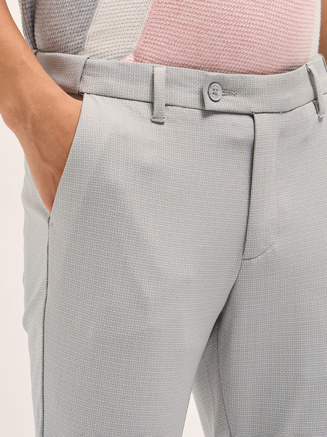 Men Grey Textured Polyester Blend Slim Fit Formal Trousers