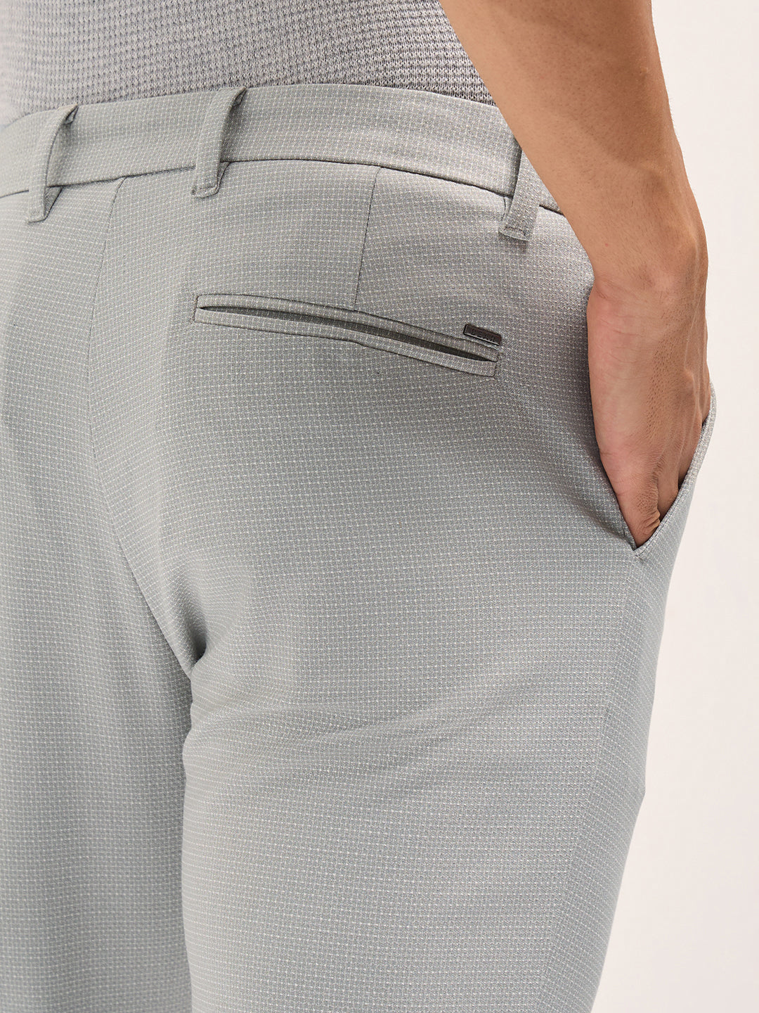 Men Grey Textured Polyester Blend Slim Fit Formal Trousers