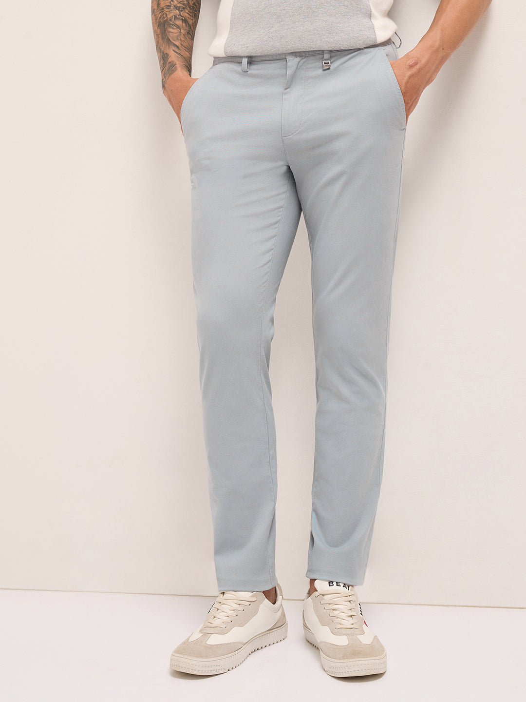 Men Cotton Solid Casual Trouser