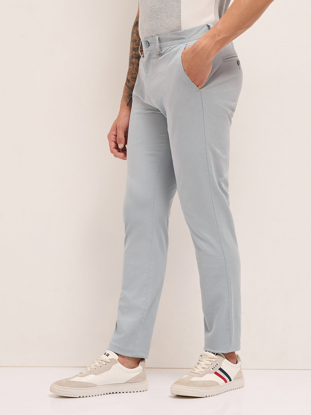 Men Cotton Solid Casual Trouser
