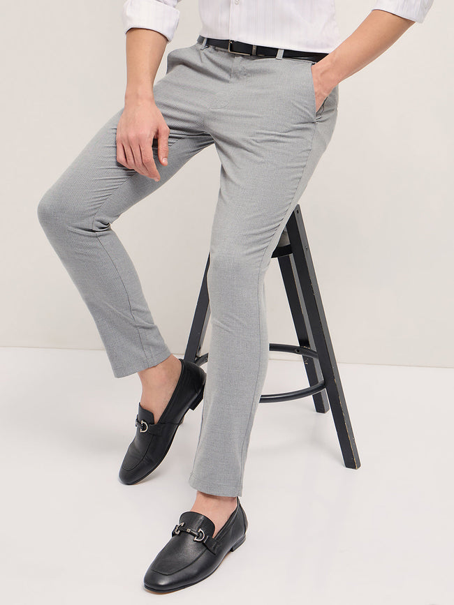 Men Light Grey Woven Pinstripe Slim Fit Formal Trousers