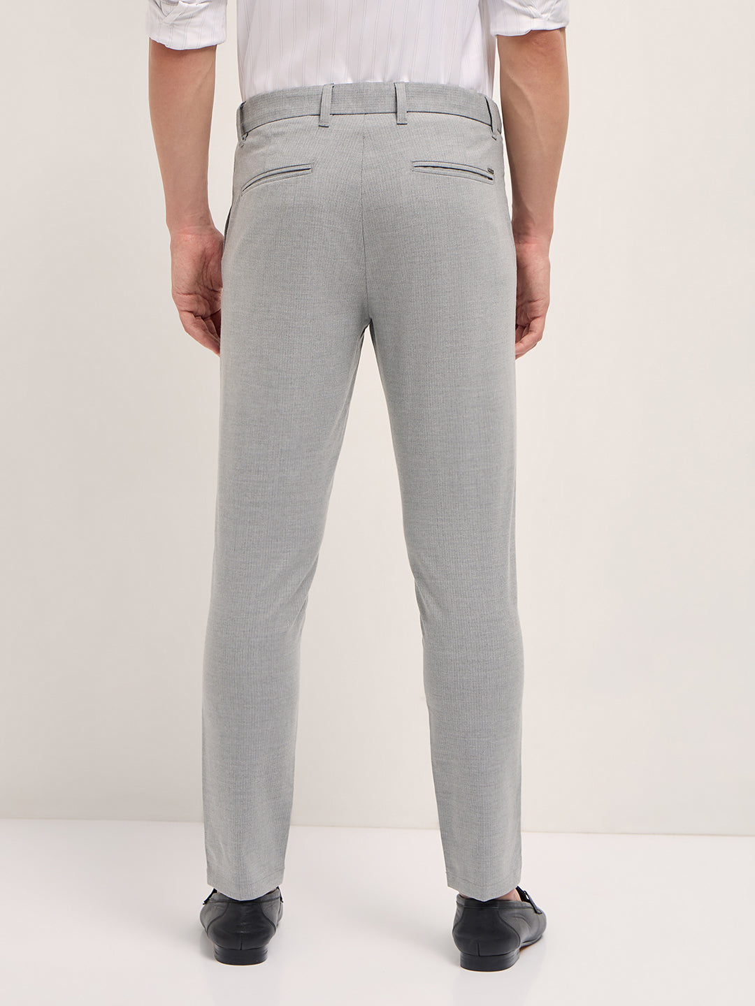 Men Light Grey Woven Pinstripe Slim Fit Formal Trousers