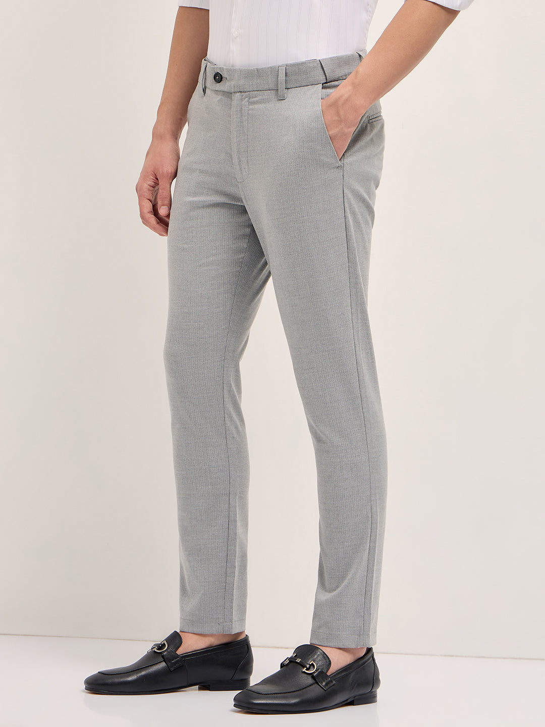 Men Light Grey Woven Pinstripe Slim Fit Formal Trousers