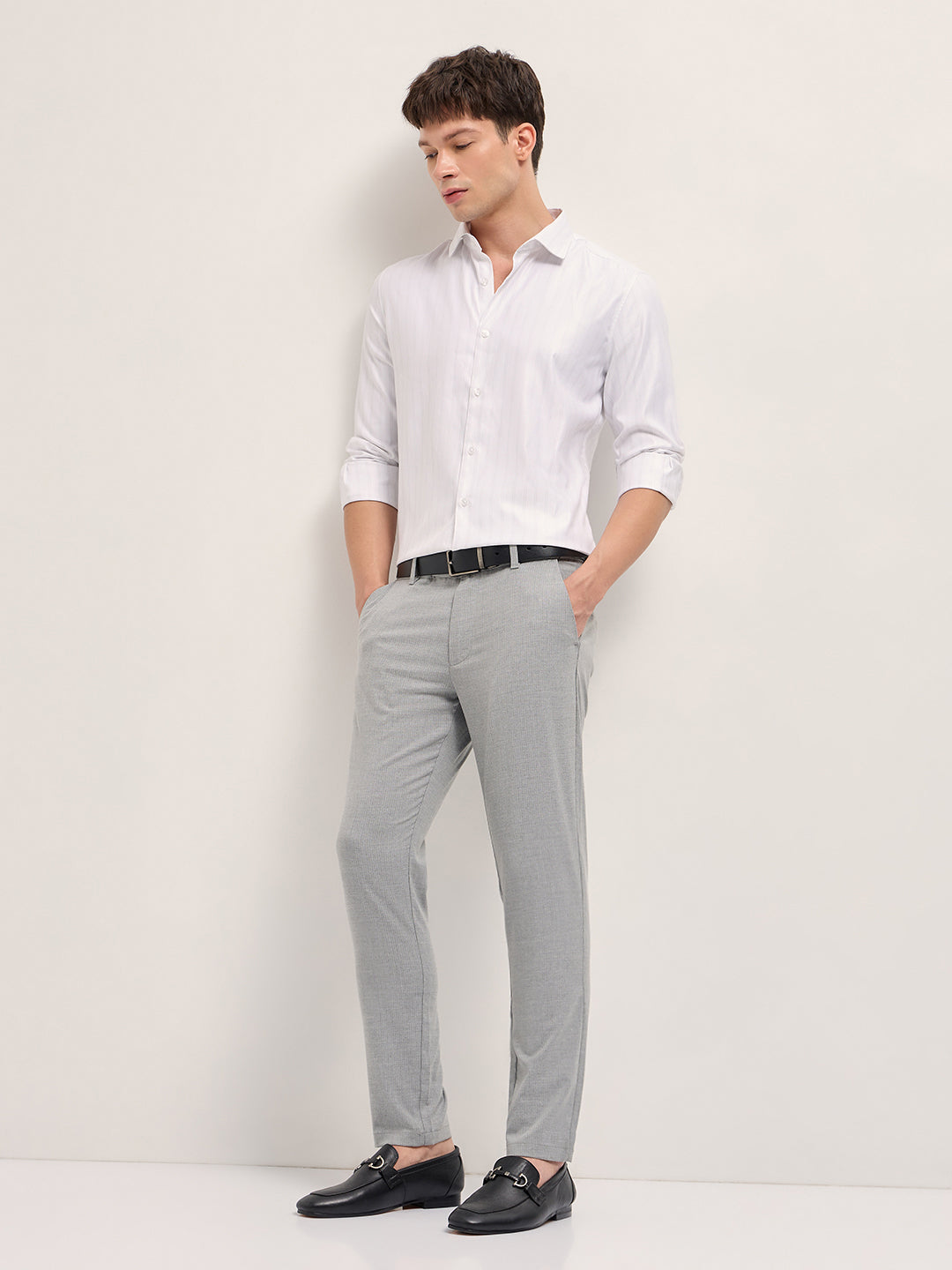Men Light Grey Woven Pinstripe Slim Fit Formal Trousers