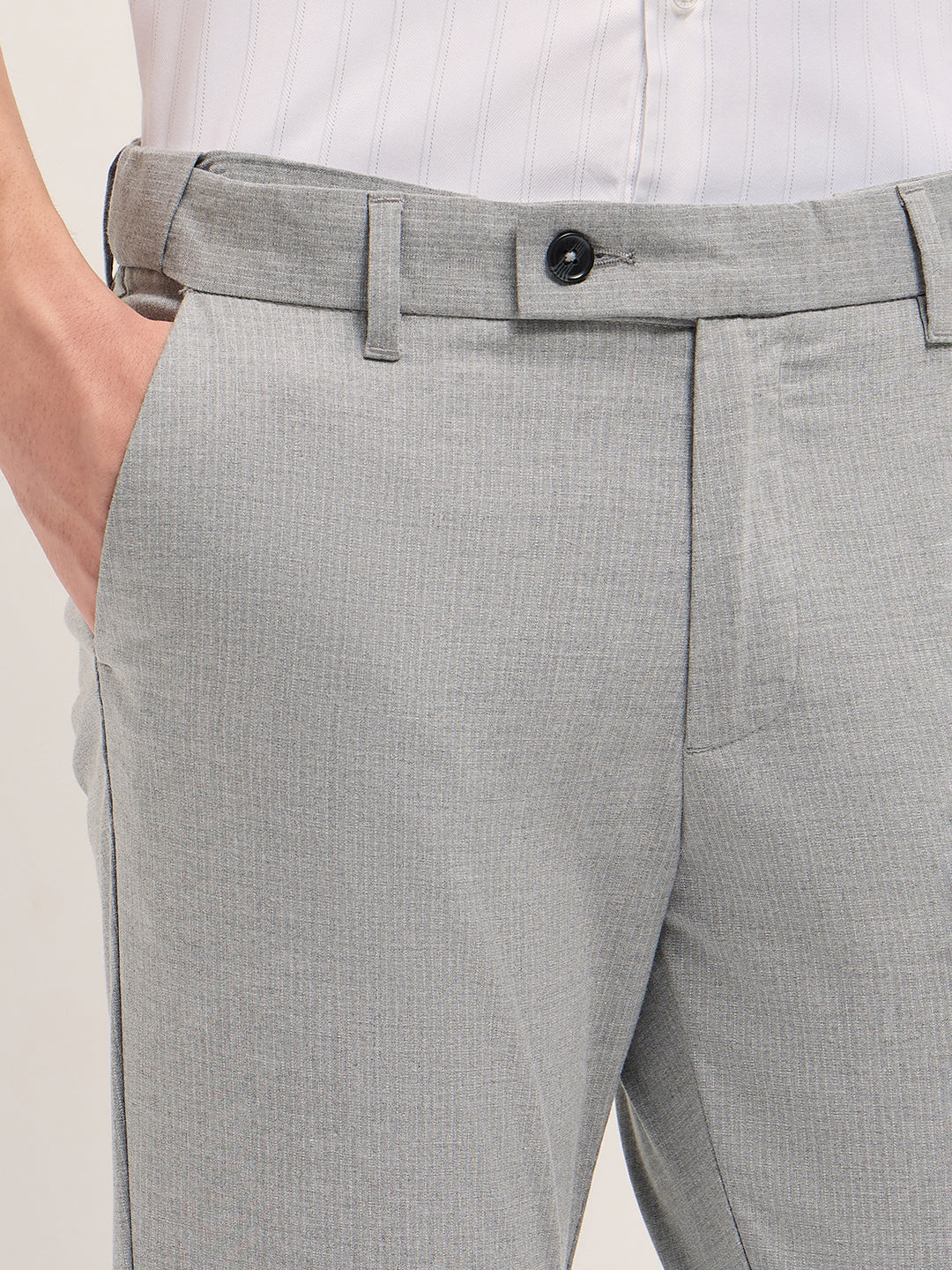 Men Light Grey Woven Pinstripe Slim Fit Formal Trousers