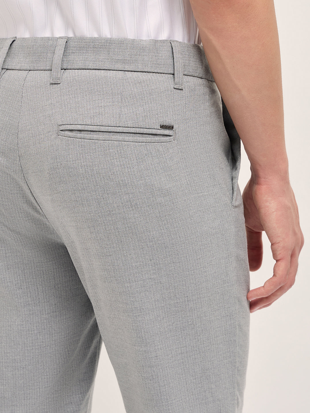 Men Light Grey Woven Pinstripe Slim Fit Formal Trousers