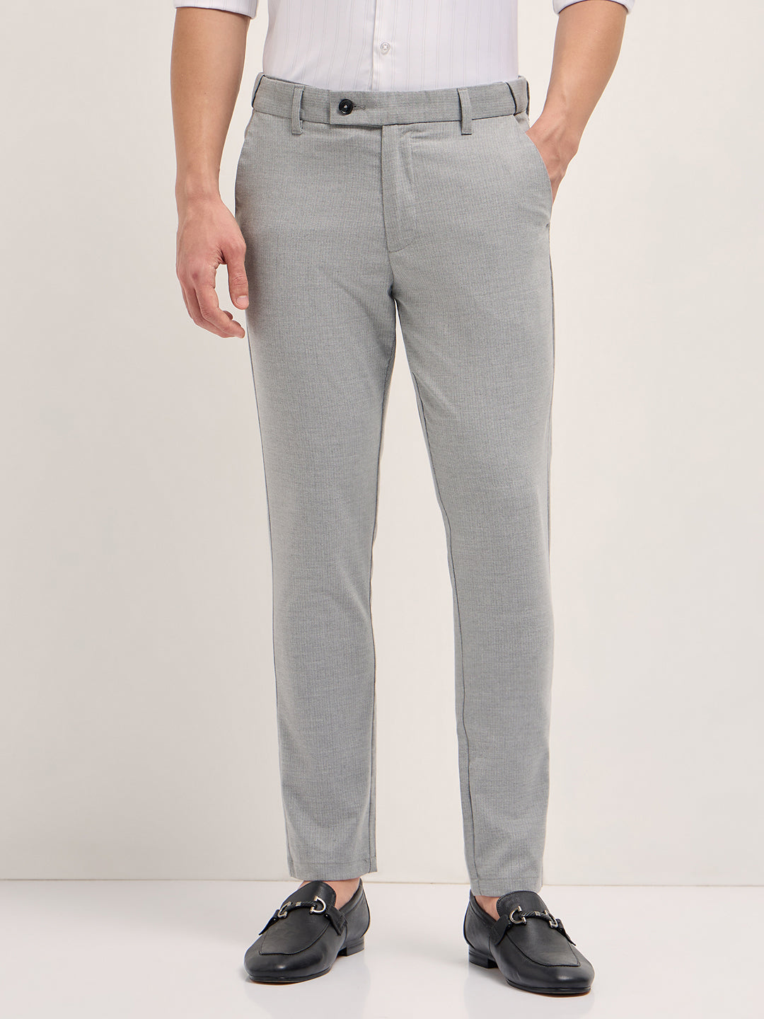 Men Light Grey Woven Pinstripe Slim Fit Formal Trousers