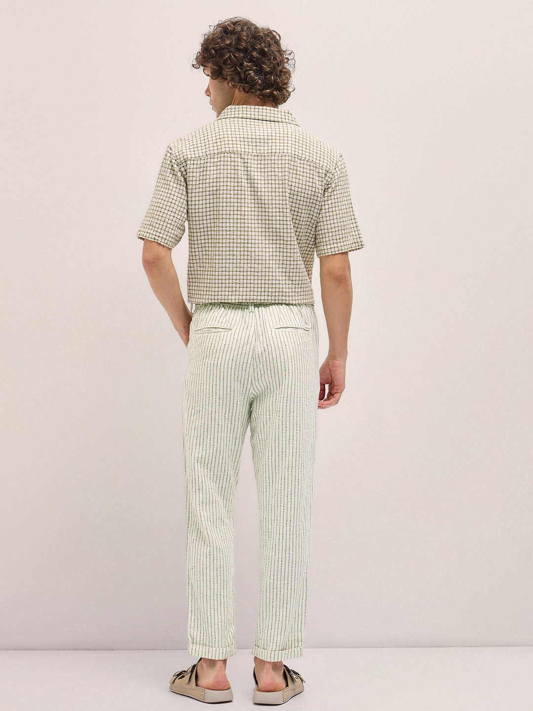 Men Beige Stripes Tapered Fit Elasticated Waist Casual Trouser