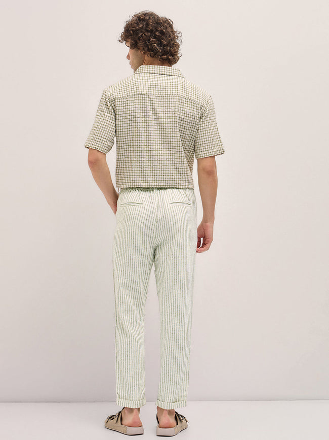 Men Beige Stripes Tapered Fit Elasticated Waist Casual Trouser