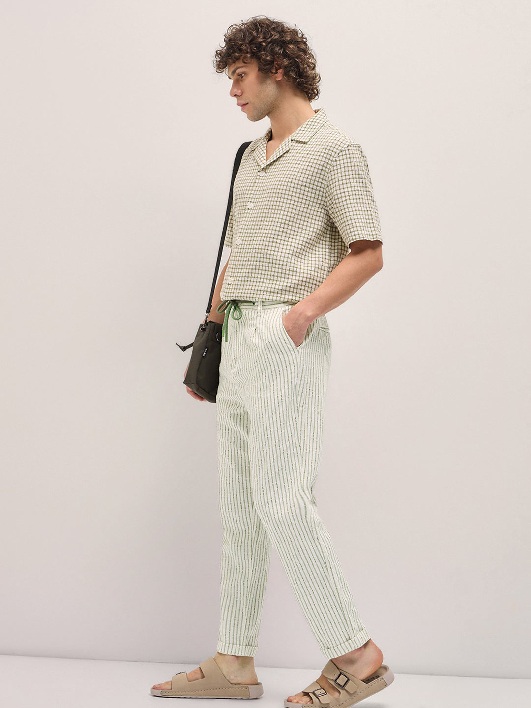 Men Beige Stripes Tapered Fit Elasticated Waist Casual Trouser
