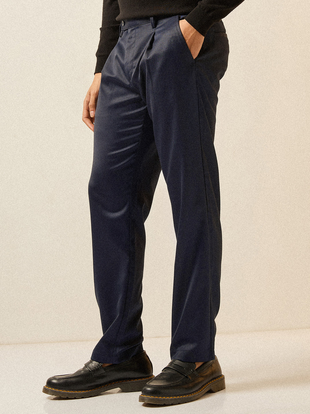 Men Navy Blue Solid Regular Fit Formal Trouser