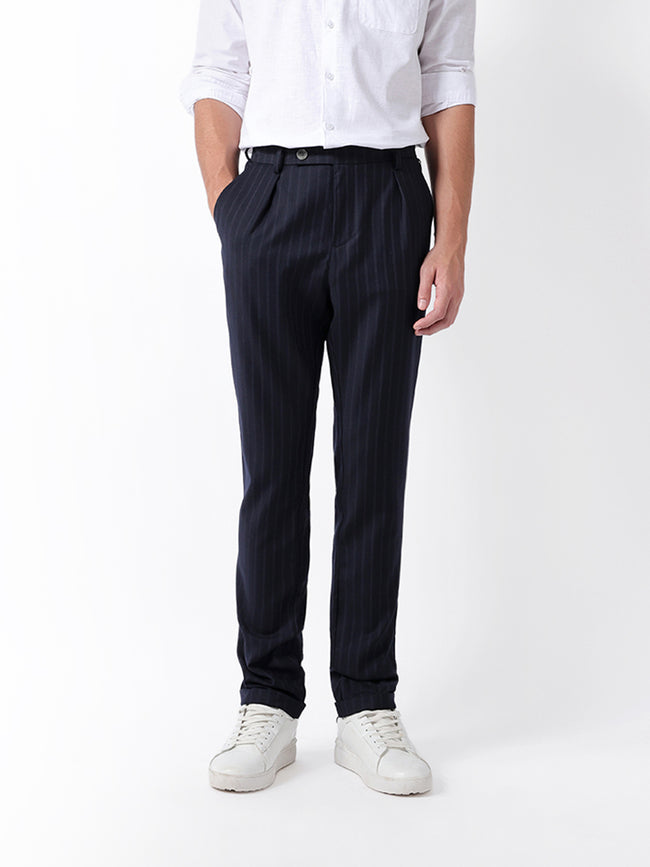 Men Blue Striped Formal Trouser