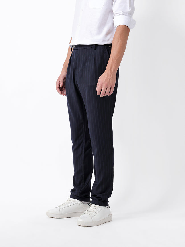 Men Blue Striped Formal Trouser