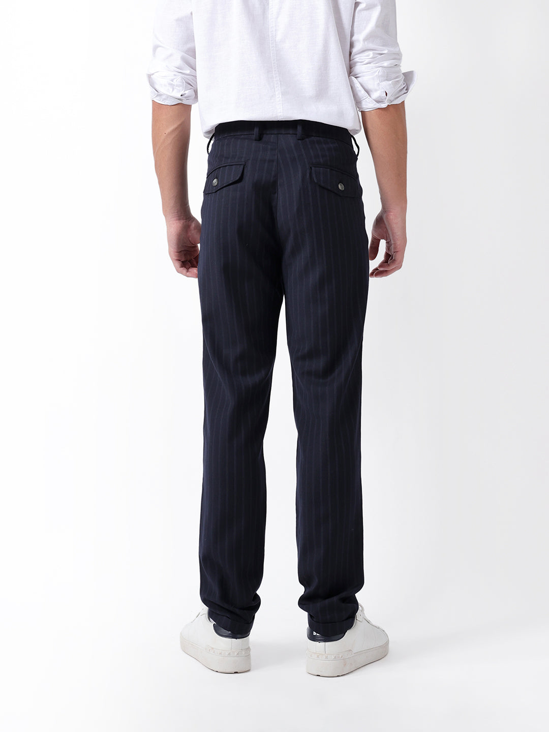 Men Blue Striped Formal Trouser