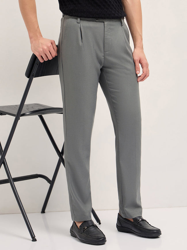Men Grey Textured Weave Regular Fit Formal Trousers