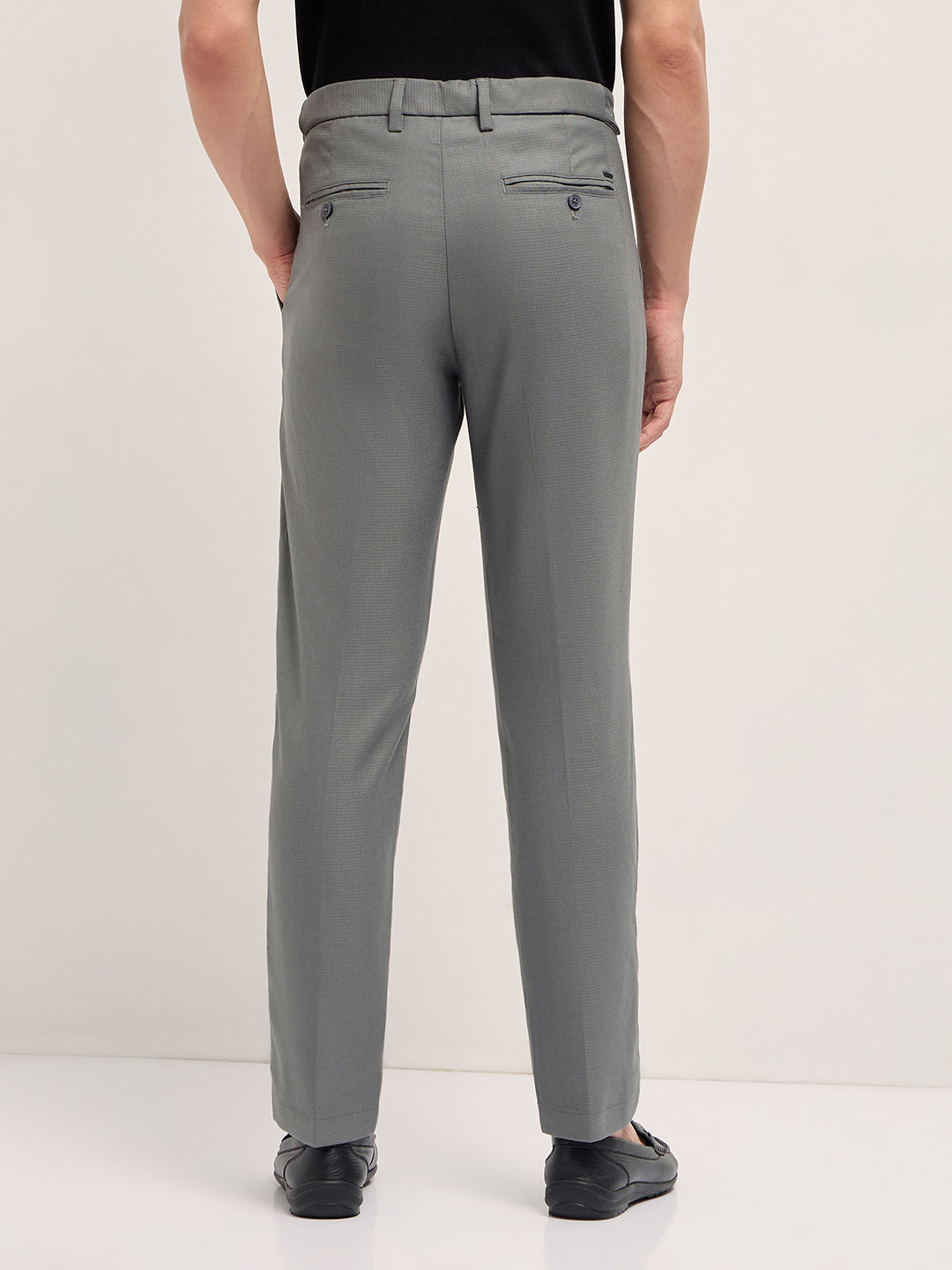 Men Grey Textured Weave Regular Fit Formal Trousers