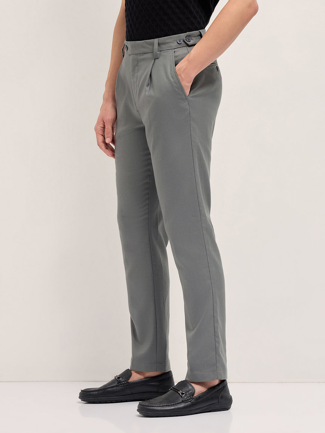 Men Grey Textured Weave Regular Fit Formal Trousers