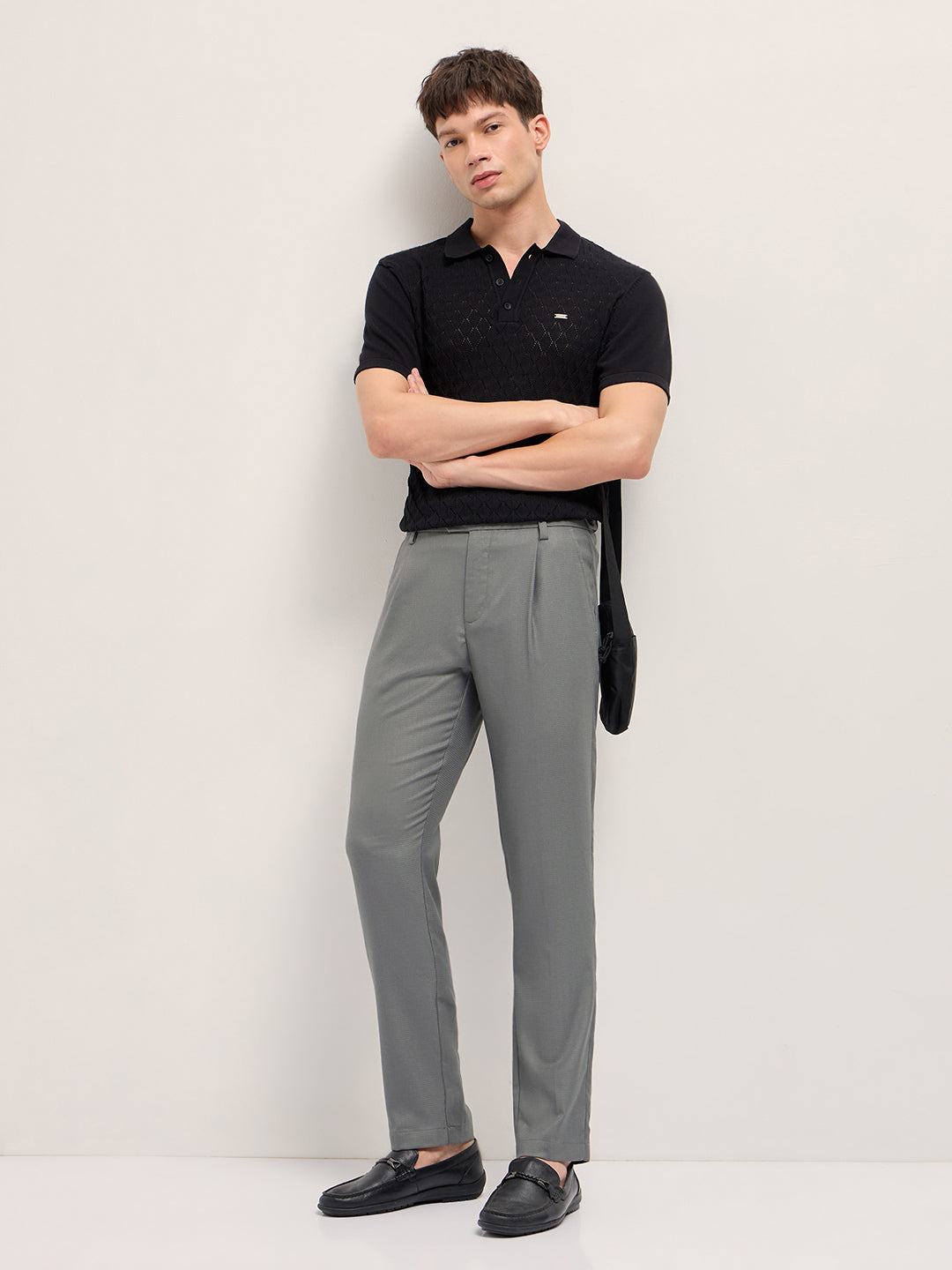 Men Grey Textured Weave Regular Fit Formal Trousers