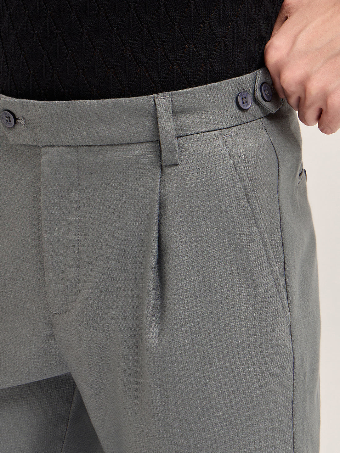 Men Grey Textured Weave Regular Fit Formal Trousers