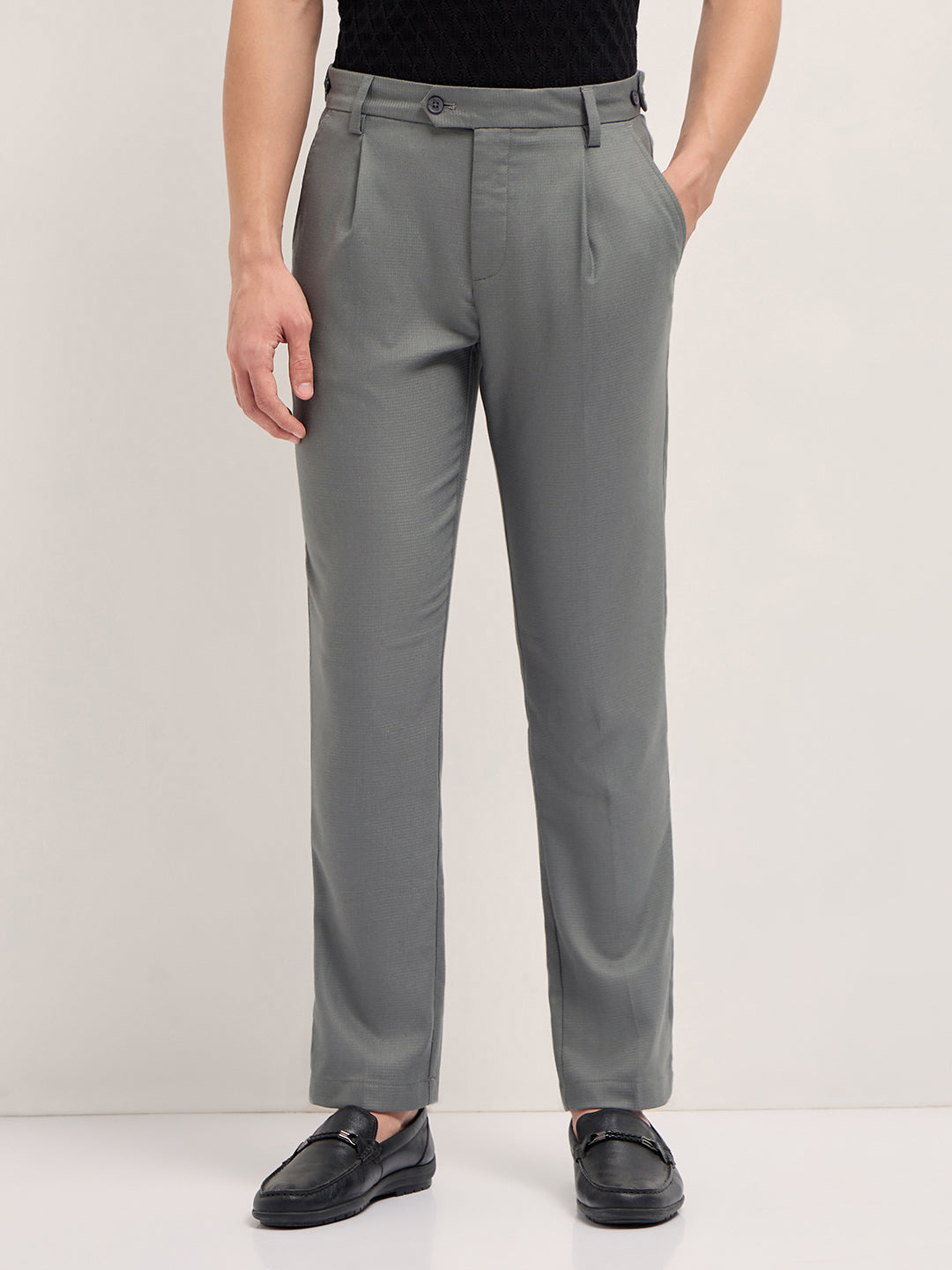Men Grey Textured Weave Regular Fit Formal Trousers