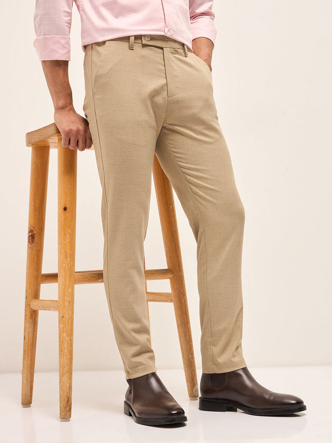 Men Beige Woven Pinstripe Slim Fit Formal Trousers