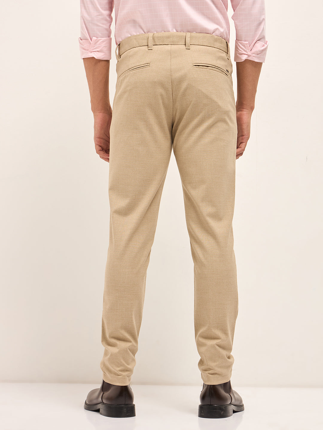 Men Beige Woven Pinstripe Slim Fit Formal Trousers