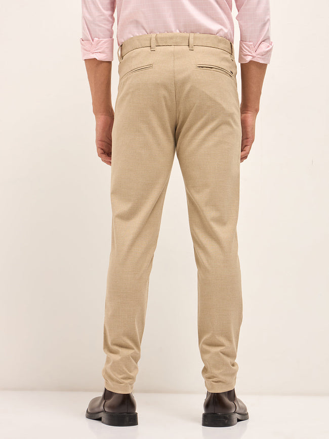 Men Beige Woven Pinstripe Slim Fit Formal Trousers