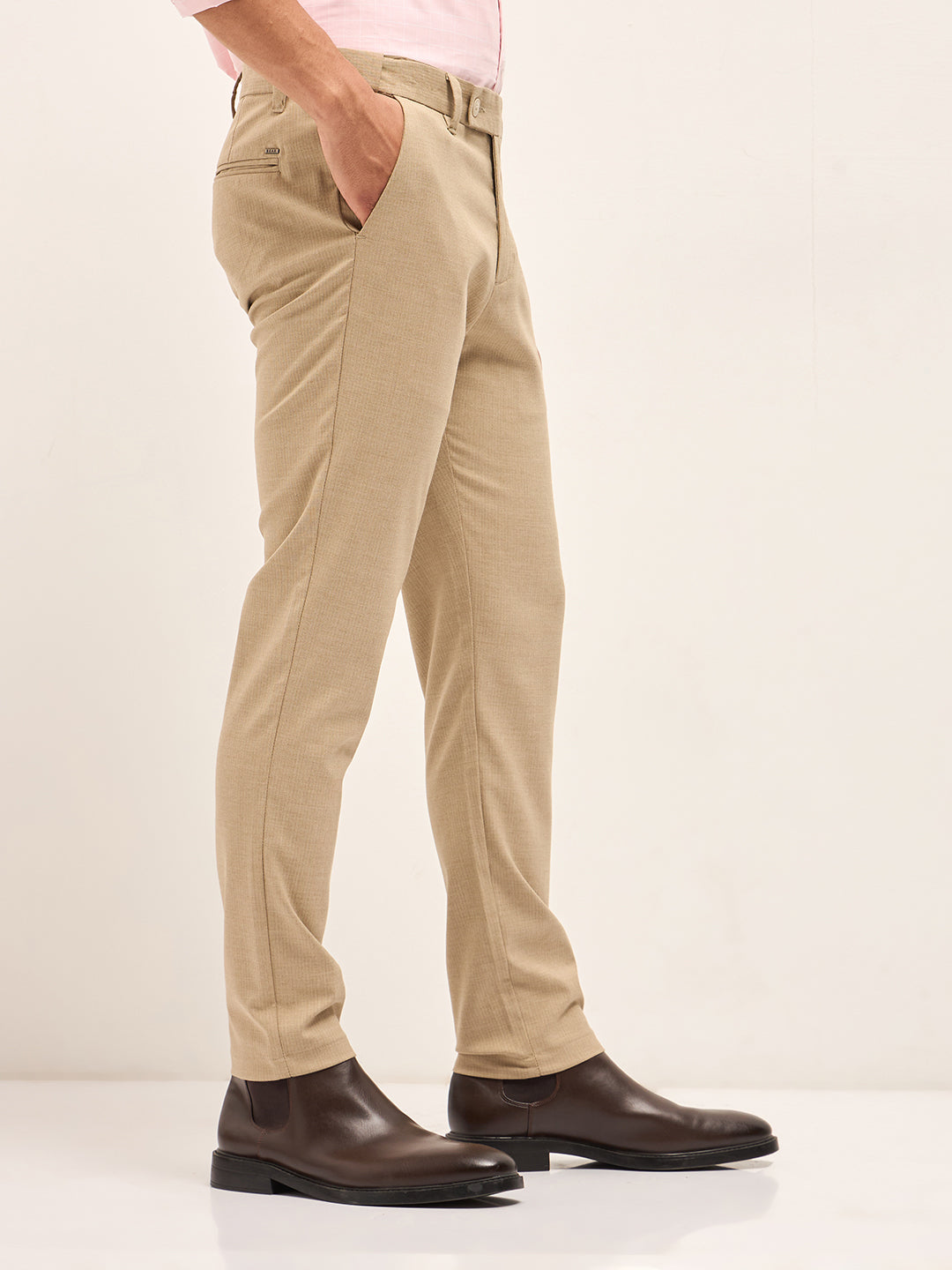 Men Beige Woven Pinstripe Slim Fit Formal Trousers