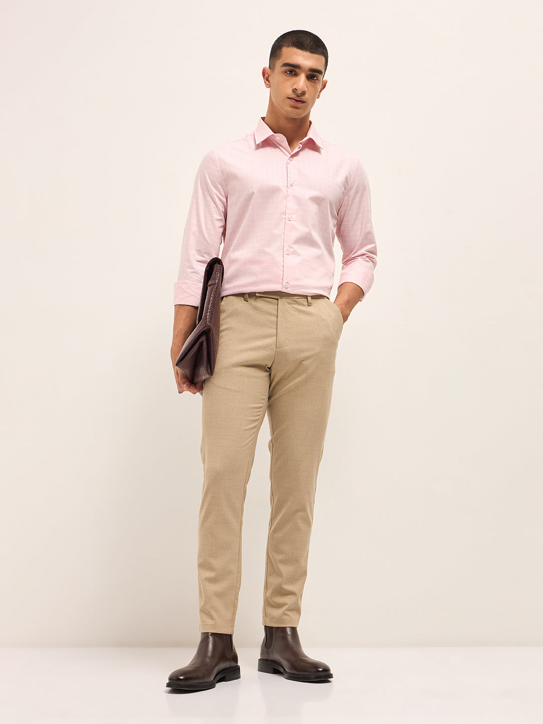 Men Beige Woven Pinstripe Slim Fit Formal Trousers