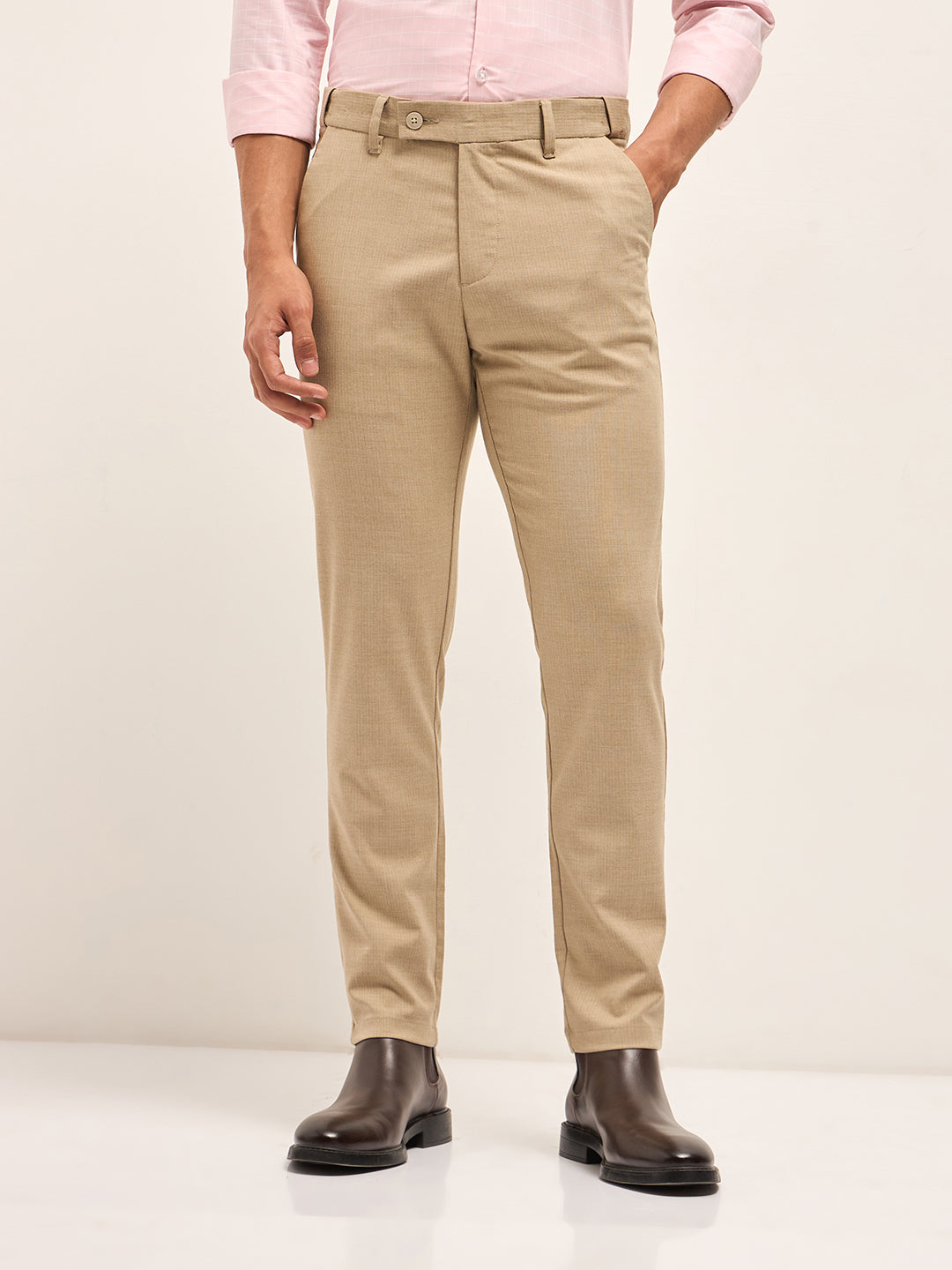 Men Beige Woven Pinstripe Slim Fit Formal Trousers