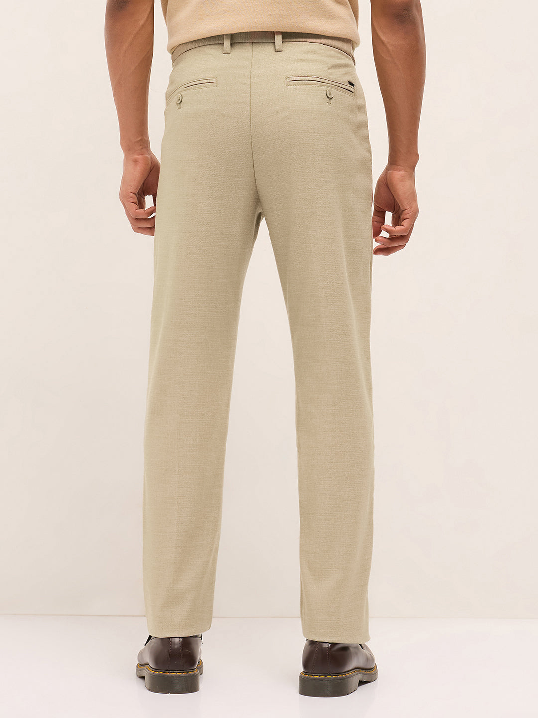 Men Cream Textured Weave Regular Fit Formal Trousers