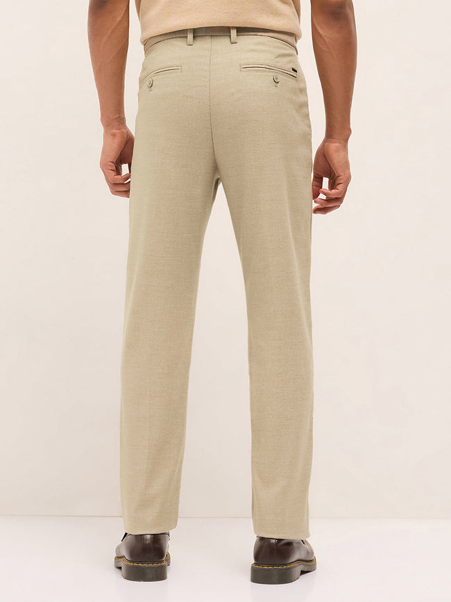 Men Cream Textured Weave Regular Fit Formal Trousers