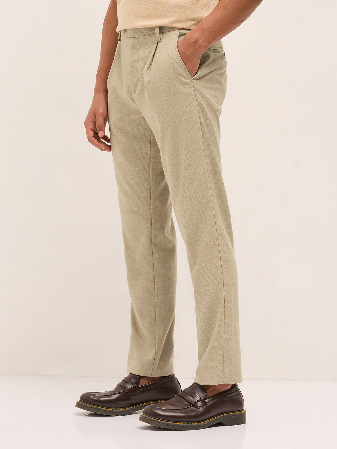 Men Cream Textured Weave Regular Fit Formal Trousers