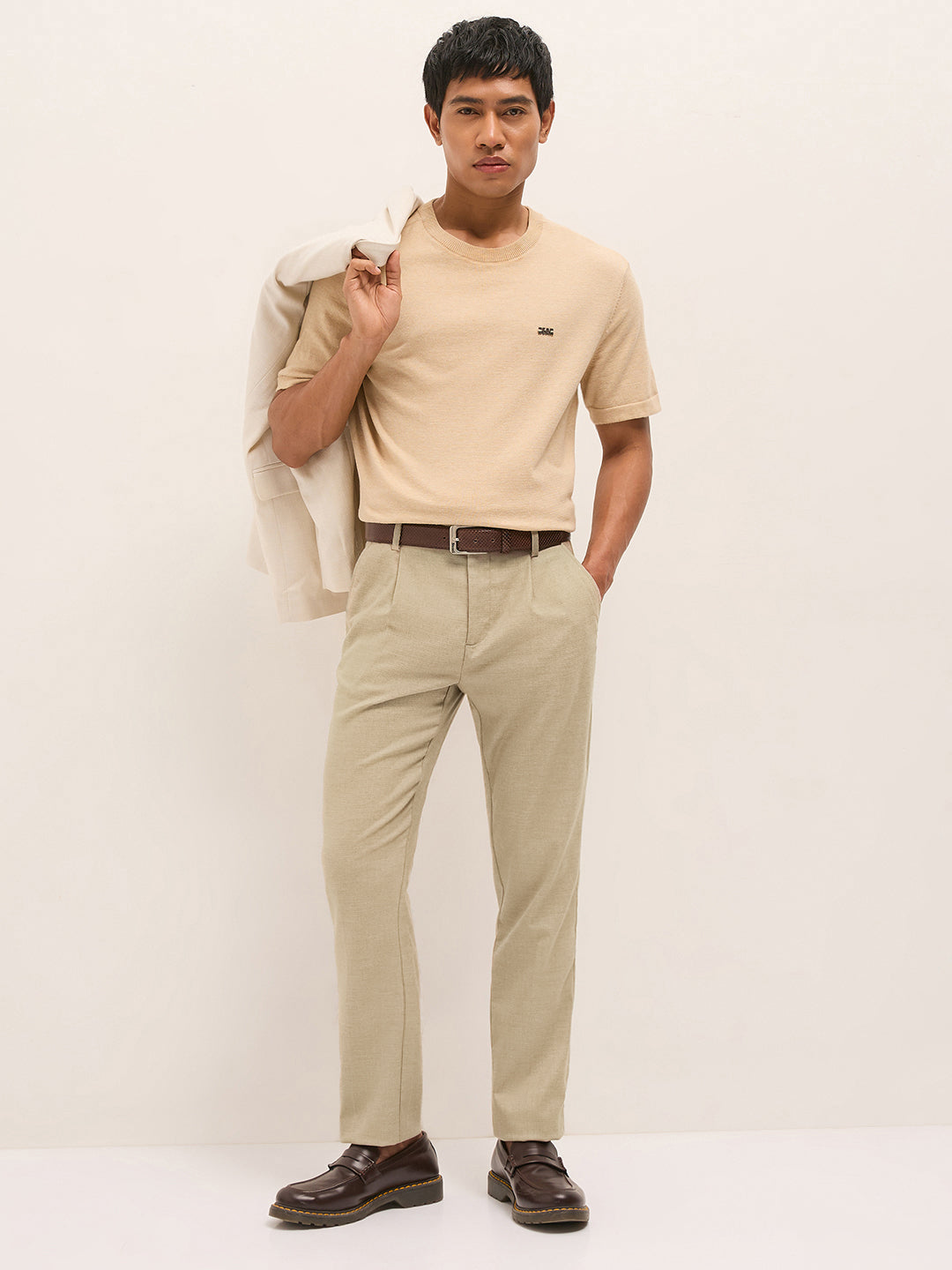 Men Cream Textured Weave Regular Fit Formal Trousers