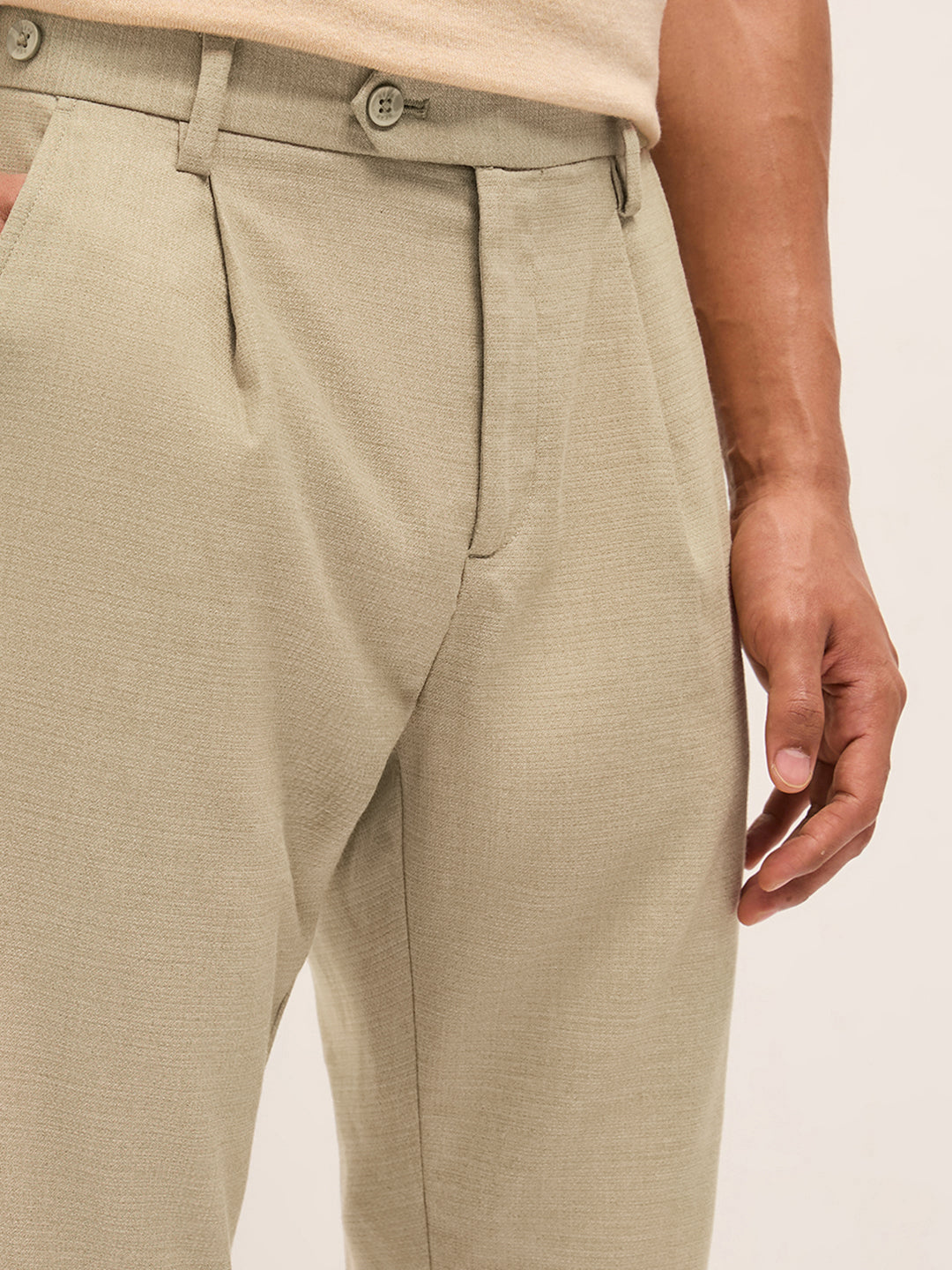 Men Cream Textured Weave Regular Fit Formal Trousers