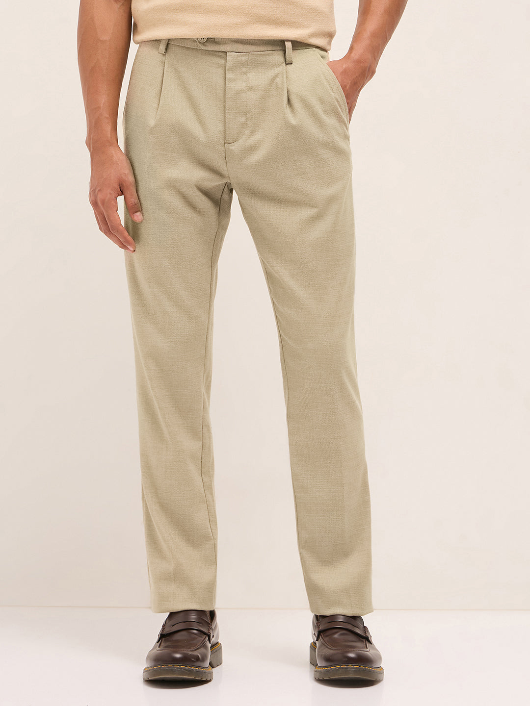 Men Cream Textured Weave Regular Fit Formal Trousers