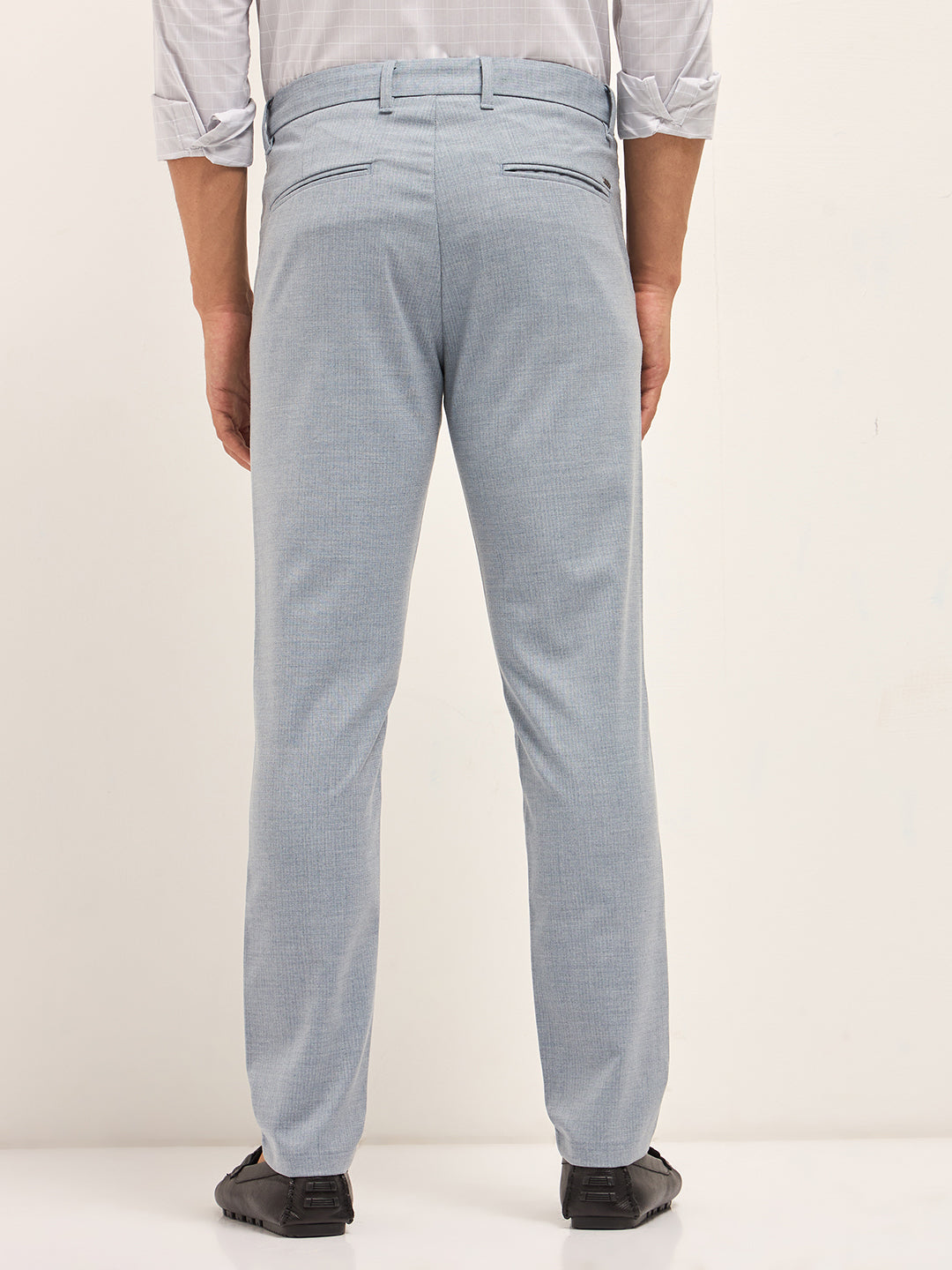 Men Light Blue Woven Pinstripe Slim Fit Formal Trousers