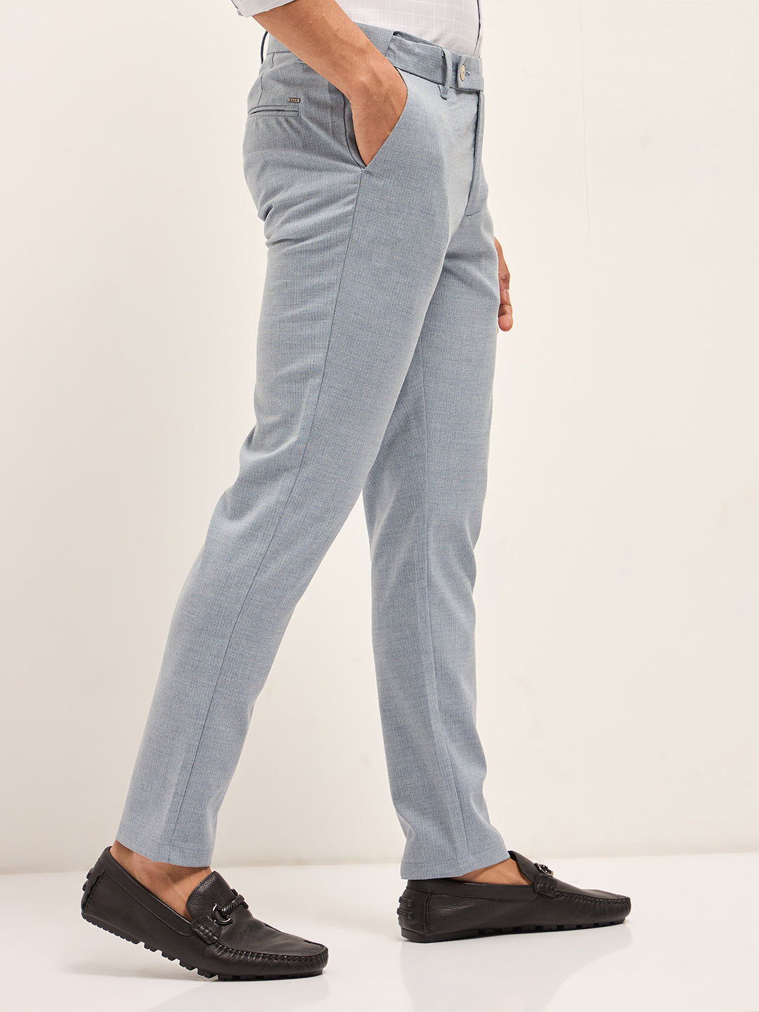 Men Light Blue Woven Pinstripe Slim Fit Formal Trousers