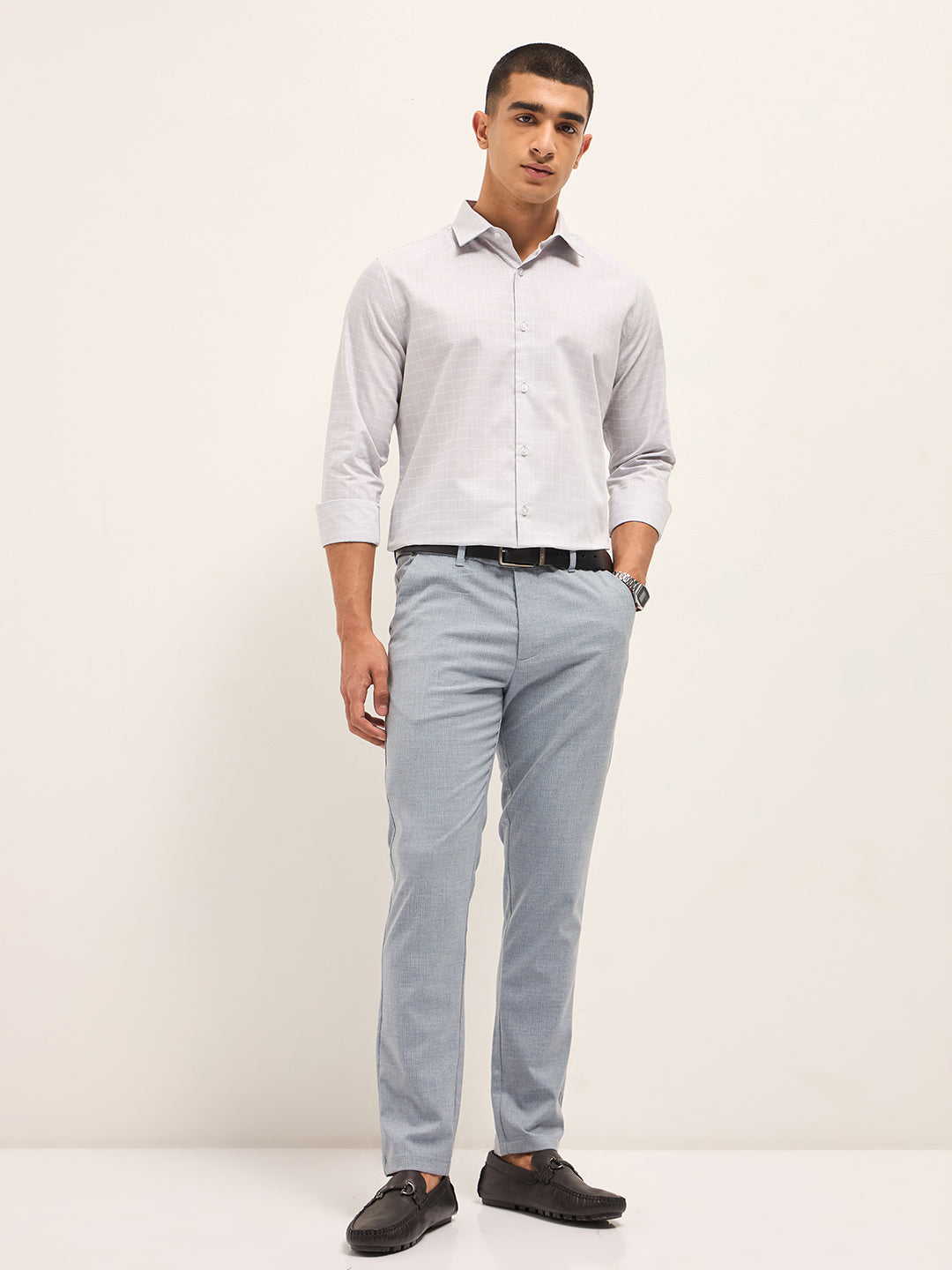 Men Light Blue Woven Pinstripe Slim Fit Formal Trousers