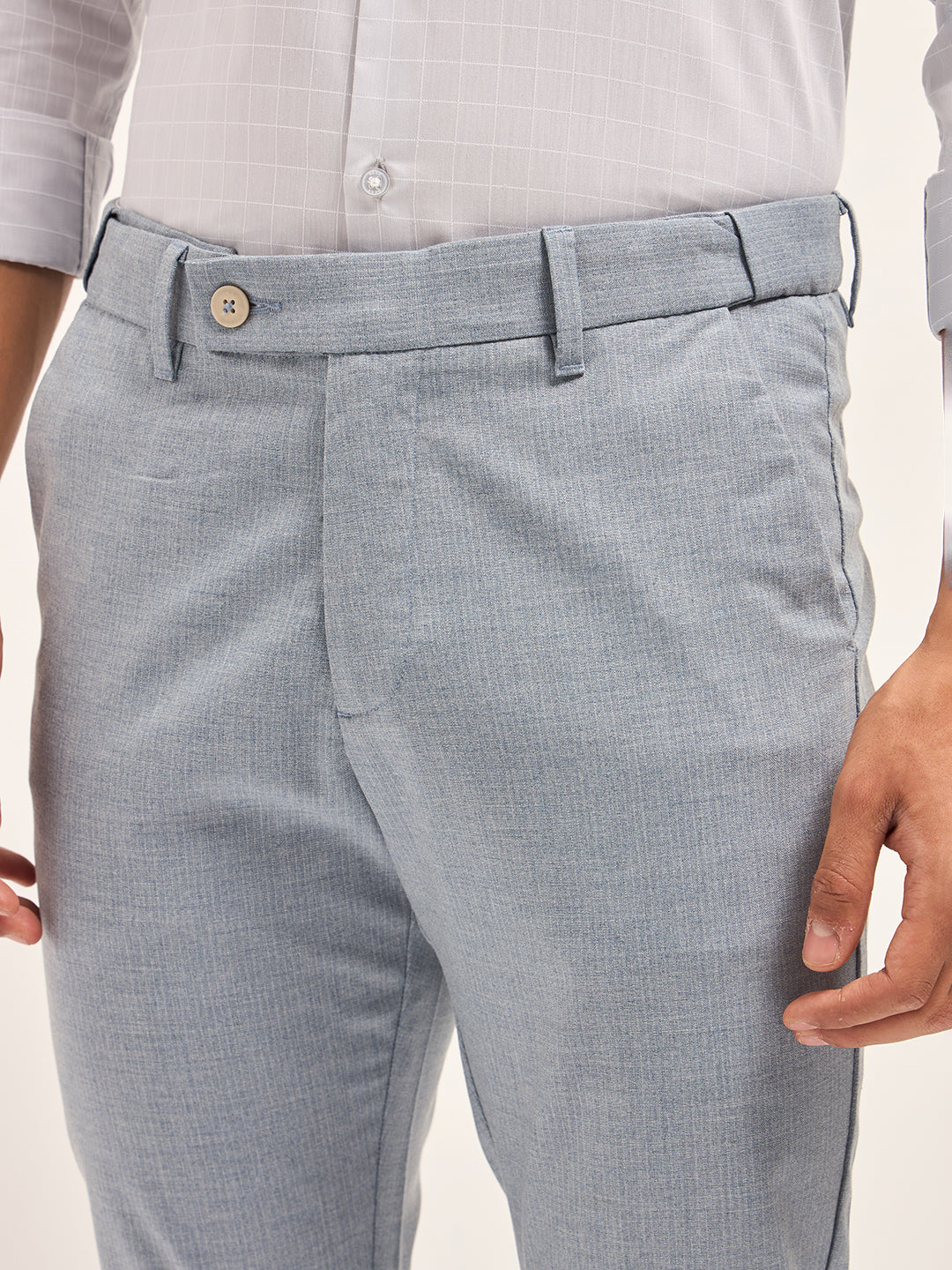 Men Light Blue Woven Pinstripe Slim Fit Formal Trousers