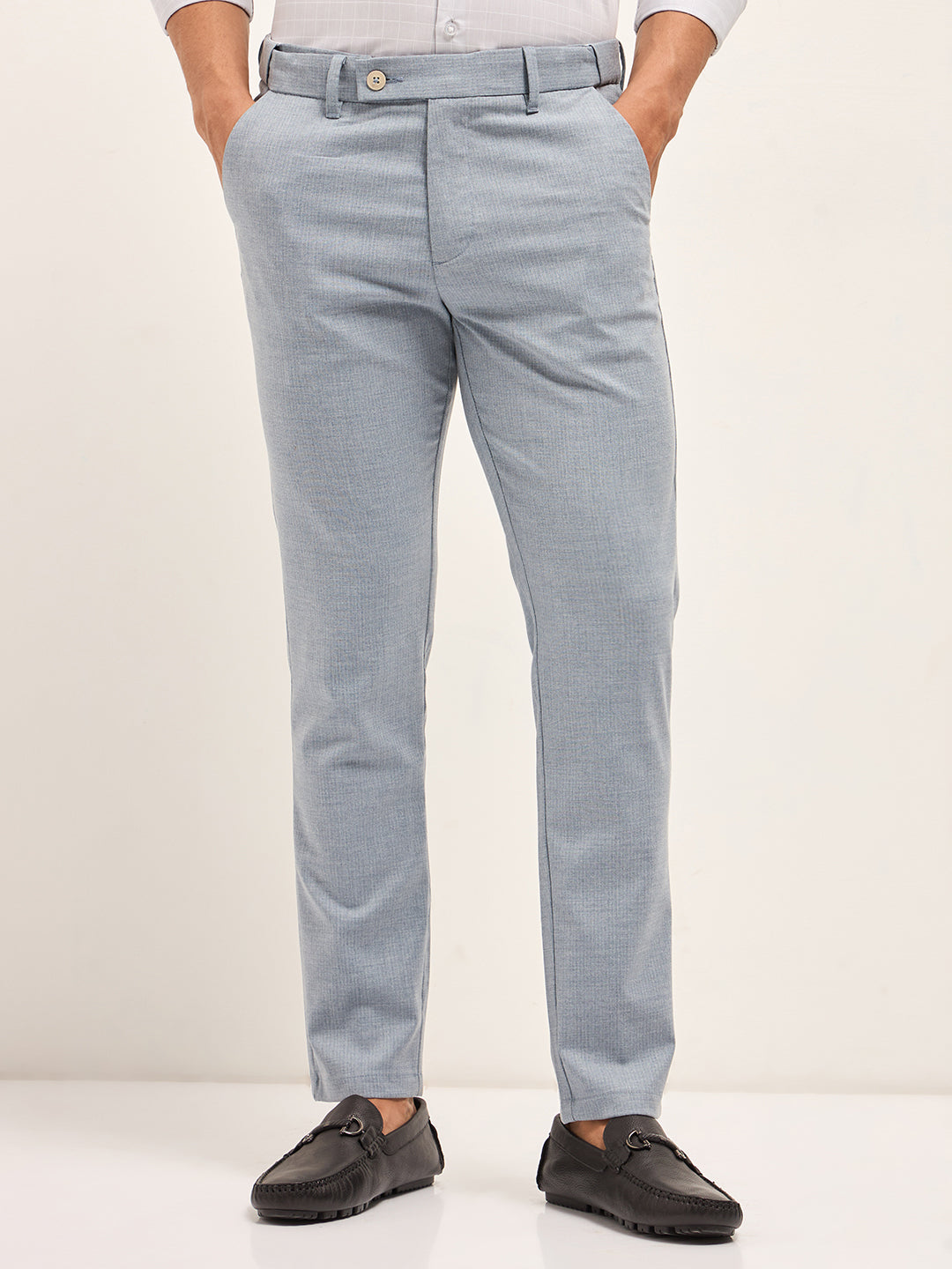 Men Light Blue Woven Pinstripe Slim Fit Formal Trousers