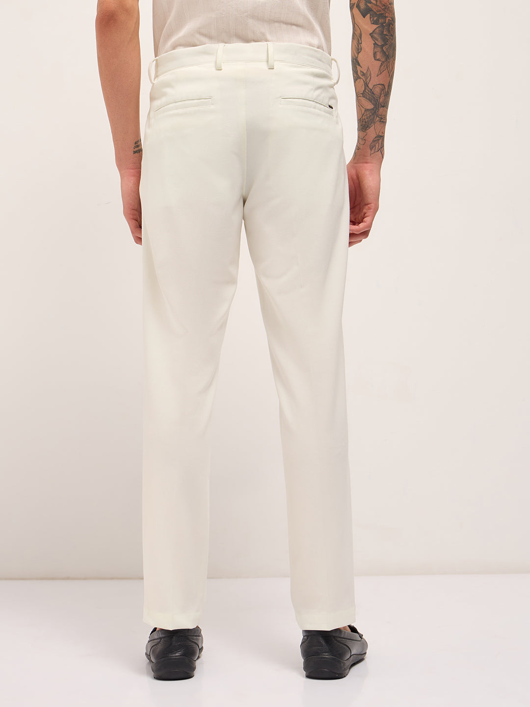 Men Cream Solid Regular Fit Formal Trousers