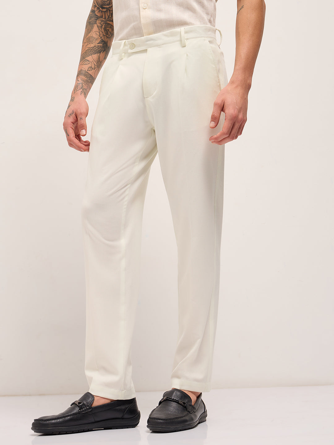 Men Cream Solid Regular Fit Formal Trousers