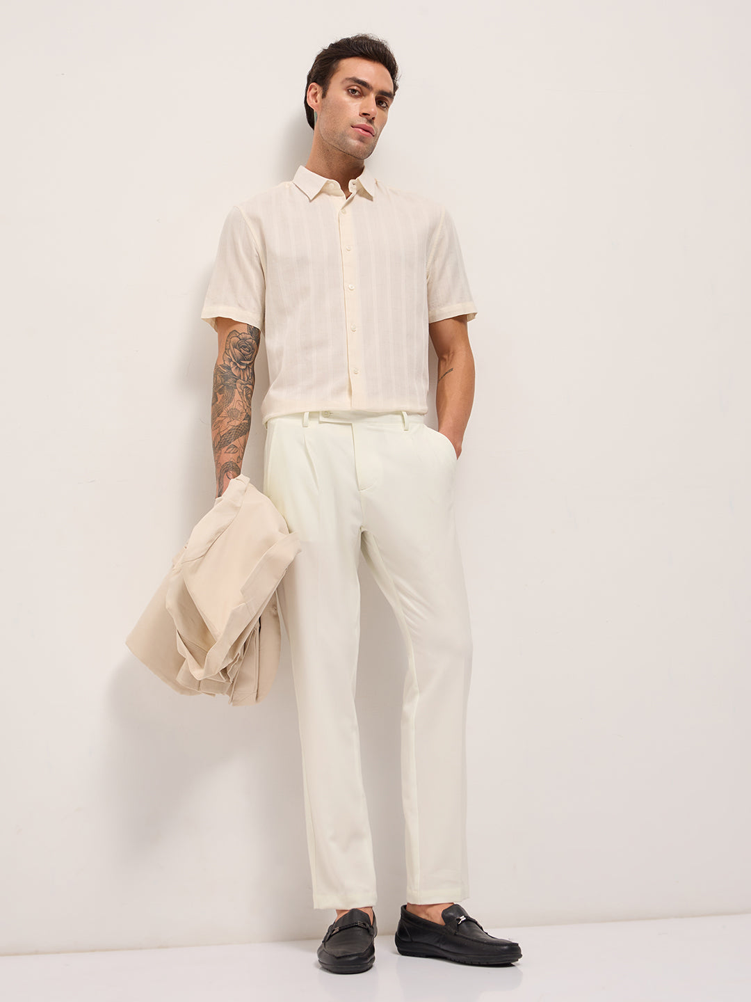 Men Cream Solid Regular Fit Formal Trousers